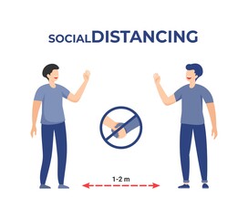 Social distancing. Two men standing 2 meters apart and waving to greet each other to avoid spreading coronavirus.