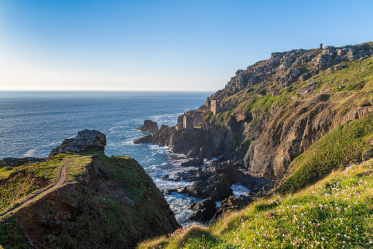 The old abandoned Crown tin mine engine houses at Botallack, Cornwall