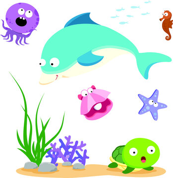 Beautiful sea life. Vector illustration of colorful sea creatures.
