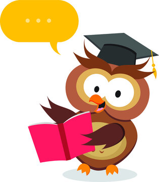 Smart owl on lesson. Vector illustration of an owl teacher holding a book with speech bubble.