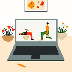 Laptop and video of young people working out at home. Online videos of sports and fitness workouts. Online fitness and gym tutorial. Workouts at home. Online education vector flat style illustration.