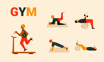 People doing exercises and sports. Sports activities. Workouts sets. Active and healthy lifestyle. People training. Gym workouts and training. Treadmill workout vector flat style illustration