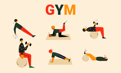 Big set of people doing sports and workouts. Sports activities vector illustration. Fitness sets. Gym workouts set. Set of people working out. Stretching and cardio exercise. Vector people sets.