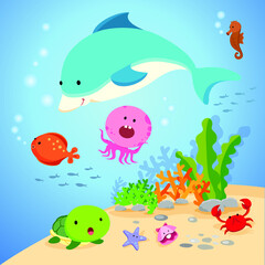 Underwater world. Vector illustration of colorful sea creatures.