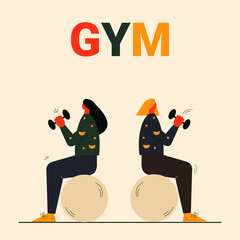 Two young female characters doing sports activities and workouts. Gym and fitness exercise. Gym workouts. Fitness training concept. Two girls doing sports vector flat style illustration eps 10