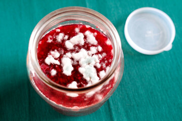 Mold on red jam. Spoiled product in a glass jar. Green and white fungi