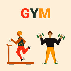 Two young people working out and doing sports vector flat illustration. Workouts concept. Sports activities vector.