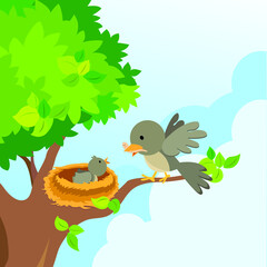 Mother bird love. Mother bird feeds the worm to her baby bird in the nest on the tree.
