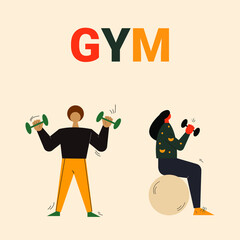Young man and woman doing sports activities. Workouts set. Young people doing workouts. Fitness exercise vector. Gym workouts concept.