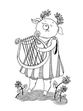 Comic drawing, musician, pig plays the harp, antique theme, graphics