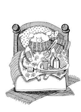 Sick pig in bed, funny drawing, graphics