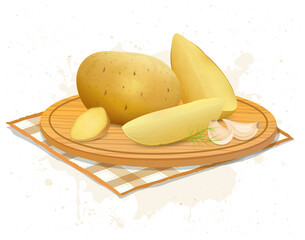 potato vector illustration on round wooden chopping board