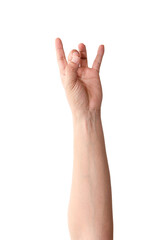 Close up man's hand showing gesture of number 8 in sign language isolated on white background. Sign language numbers