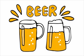 Vector Two beer mugs. Doodle illustration with handwritten lettering text Beer on grunge background. Symbol icon with craft beer mugs. 