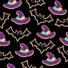 Seamless pattern in cartoon style for Halloween. Bright illustrations for the holiday. Halloween pattern with witch hat and bat