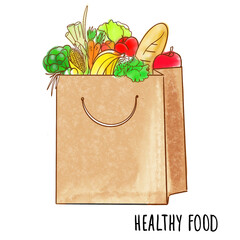 Grocery paper bag with fresh vegetables and fruits on a white background. Natural product. Delivery concept