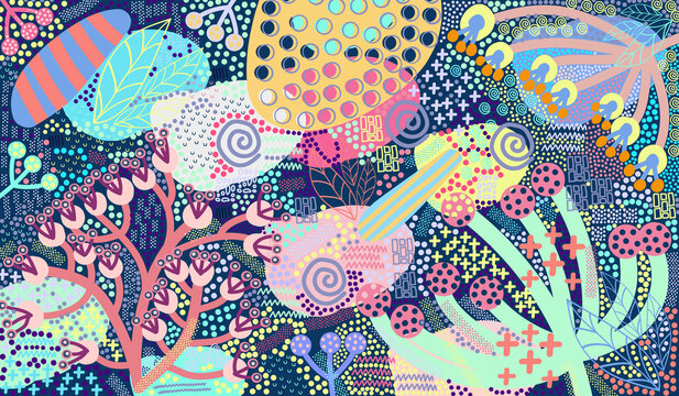 Artistic header with flowers and leaves. Graphic design. Hand drawn texture.	