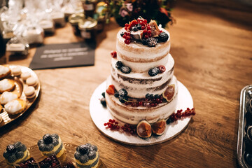 Wedding cake at the celebration. Stylish dessert at the wedding. Cutting the cake with the bride and groom.