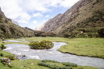 Fototapeta na wymiar River through a green meadow in Chile