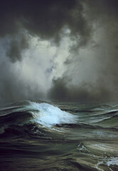 Dark clouds over stormy ocean or sea background