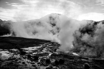 Hot geysers in the empty Atacama Desert in Chile