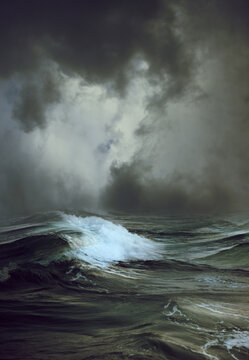 Dark Clouds Over Stormy Ocean Or Sea Background