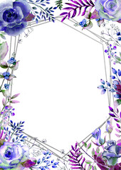 Frame with roses, leaves, berries, decorative twigs. Wedding concept with flowers. Watercolor composition in blue tones for greeting cards or invitations