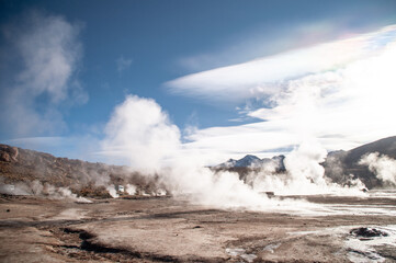 Hot geysers in the empty Atacama Desert in Chile