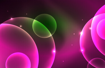 Neon shiny transparent glowing circles with light effects. Techno futuristic vector abstract background For Wallpaper, Banner, Background, Card, Book Illustration, landing page