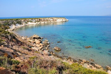 Rocky coast of the Akamas peninsula with the turquoise waters of Mediterranean Sea in northwest extremity of Cyprus