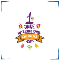 Naklejka premium 1 june international childrens day cartoon doodle style banner background. happy Children day greeting cad, icon or label. Cartoon kids day poster. Children day hand drawn banner design