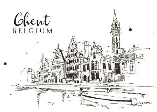 Drawing sketch illustration of Ghent, Belgium
