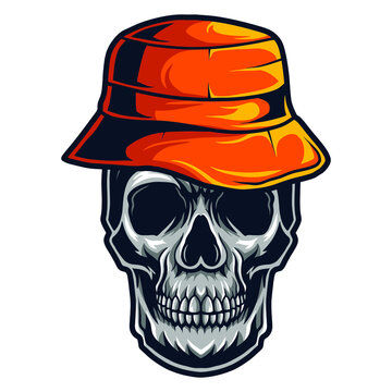 skull wearing bucket hat vector illustration isolated on white background