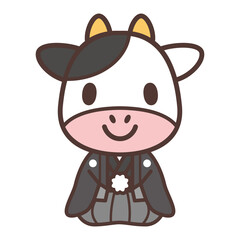 着物の牛の男の子02 正座-Kimono cow character vector illustration