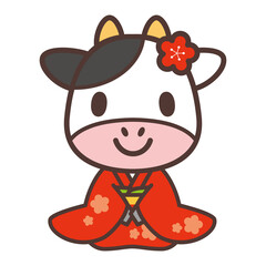 着物の牛の女の子02 正座-Kimono cow character vector illustration
