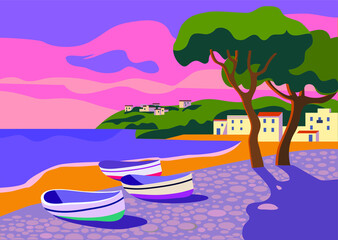 Mediterranean sunset landscape with pine-tree and boats flat style vector illustration