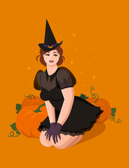 Girl in a witch costume and hat. Halloween holiday. Around lie pumpkins. Flat vector illustration.