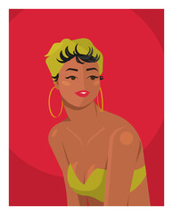 Young beautiful black woman with a headscarf tied on her head and a light green swimsuit in vintage style. Big earrings rings. Very cute, playful and flirty. Vector flat illustration.