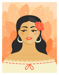 Young beautiful woman with a rose in her hair and a white blouse in vintage style. Big earrings rings. Very cute, playful and flirty. Vector flat illustration. Background of leaves.