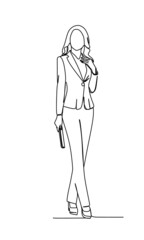 A young businesswoman standing and carrying  a wallet. full length portrait isolated on white background. Continuous single line drawing vector illustration 