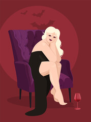 Albino girl in a vampire costume, a black dress with a slit sits in a vintage style armchair. Halloween holiday. Against the background of bats. Near a glass of wine. Flat vector illustration.