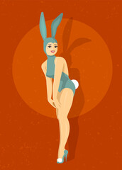 Girl Wearing a Bunny Jumpsuit. Halloween holiday poster. Flat vector illustration.