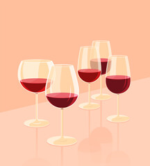Glass goblets for wine. There is some red wine in the glasses. Set of flat vector illustration.
