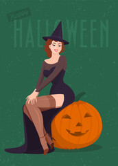 Girl in a witch costume and hat. Halloween holiday poster. Woman is sitting on a pumpkin. Flat vector illustration.