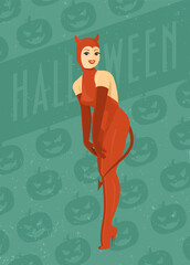 Girl in a costume of the devil's jumpsuit. Halloween holiday poster. Against the background of pumpkins. Flat vector illustration.