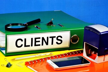 Clients-text label on the Registrar's folder. Planning brand promotion, increasing sales,...