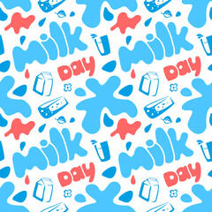 Milk day. The pattern is seamless. Lettering is handwritten. Vector image on a white background.