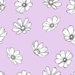 Seamless pattern with cosmos flowers on pink background. For fashion, textile, wallpapers, greetings, web pages. Vector stock illustration.