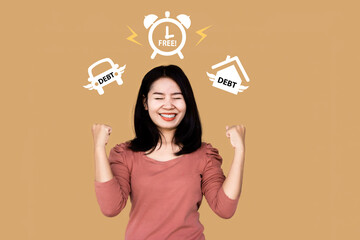debt freedom concept with happy Asian woman celebrating her success finished paying for car and...
