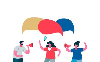 Fototapeta premium Advertising employees of new project fresh ideas speech bubble. Two women and man with speaker advertise product shout in chat about new vector idea color flat project speech bubble.